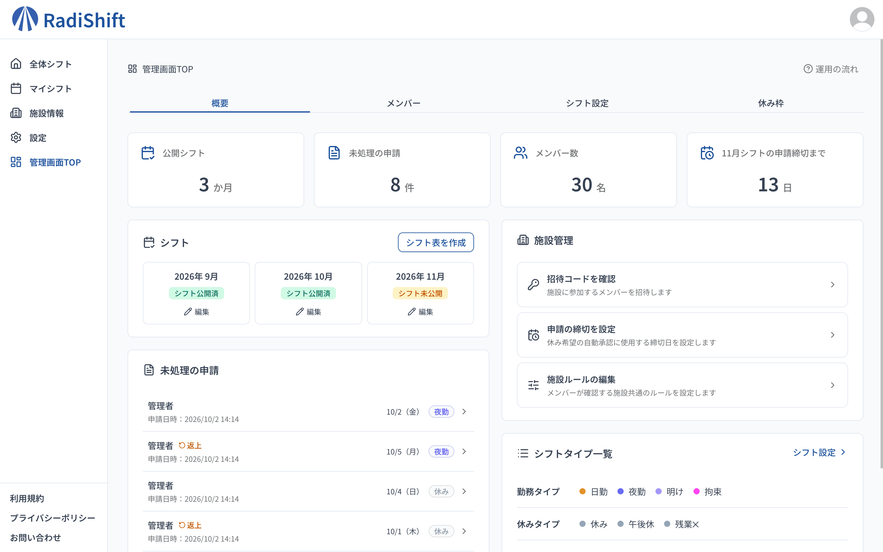 施設やシフトの設定を管理している画面